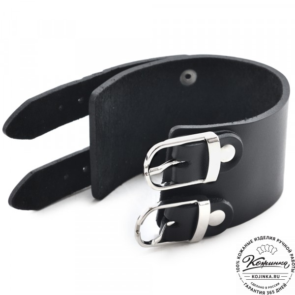  Кожаный браслет "Пэн" две пряжки (черный). фото 1
