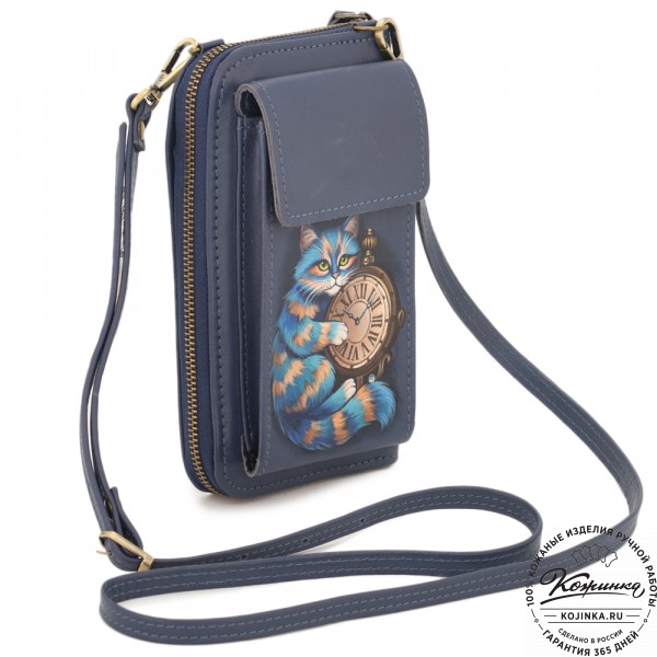 Кожаный клатч "Чукотка" "Чешир с часами" (синий). фото 1