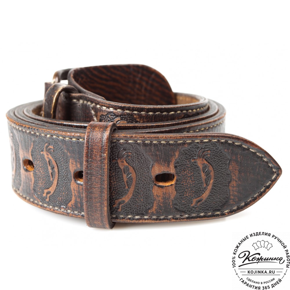 Кожаный мужской ремень "Кельт" тиснёный с дудками (коричневый)