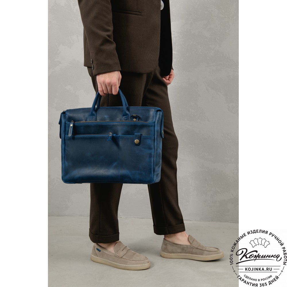Кожаная деловая сумка "Гранд" (синий крейзи)