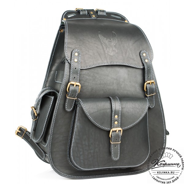 Мужской кожаный рюкзак "Байкер" (чёрный). фото 1